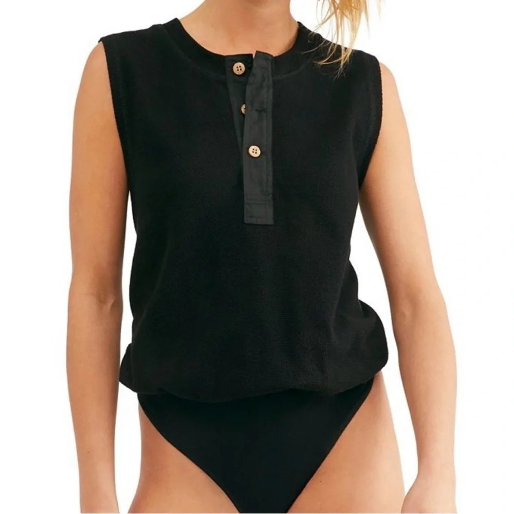 Free People Bodysuit Peek Aye Black Textured Henley Sleeveless Top Small